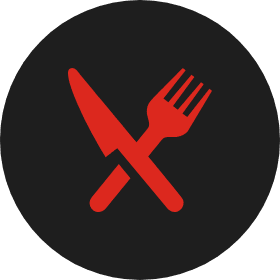 black circle with red knife and fork icon