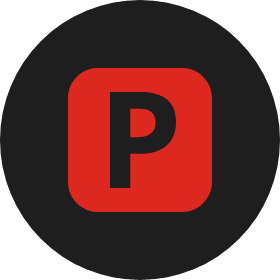 black circle behind red square behind black p for parking