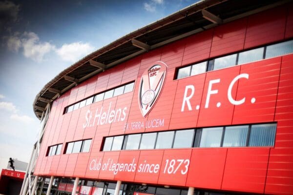 st helens badge on front of stadium