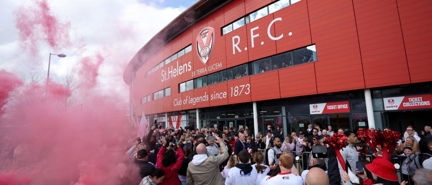 General view outside the stadium as the St Helens team arrives before the game