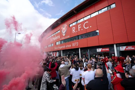 General view outside the stadium as the St Helens team arrives before the game