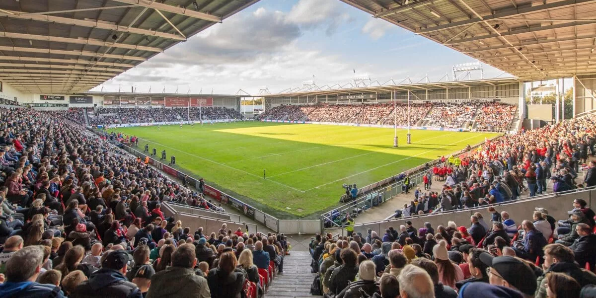 crowd at rugby stadium corner POV